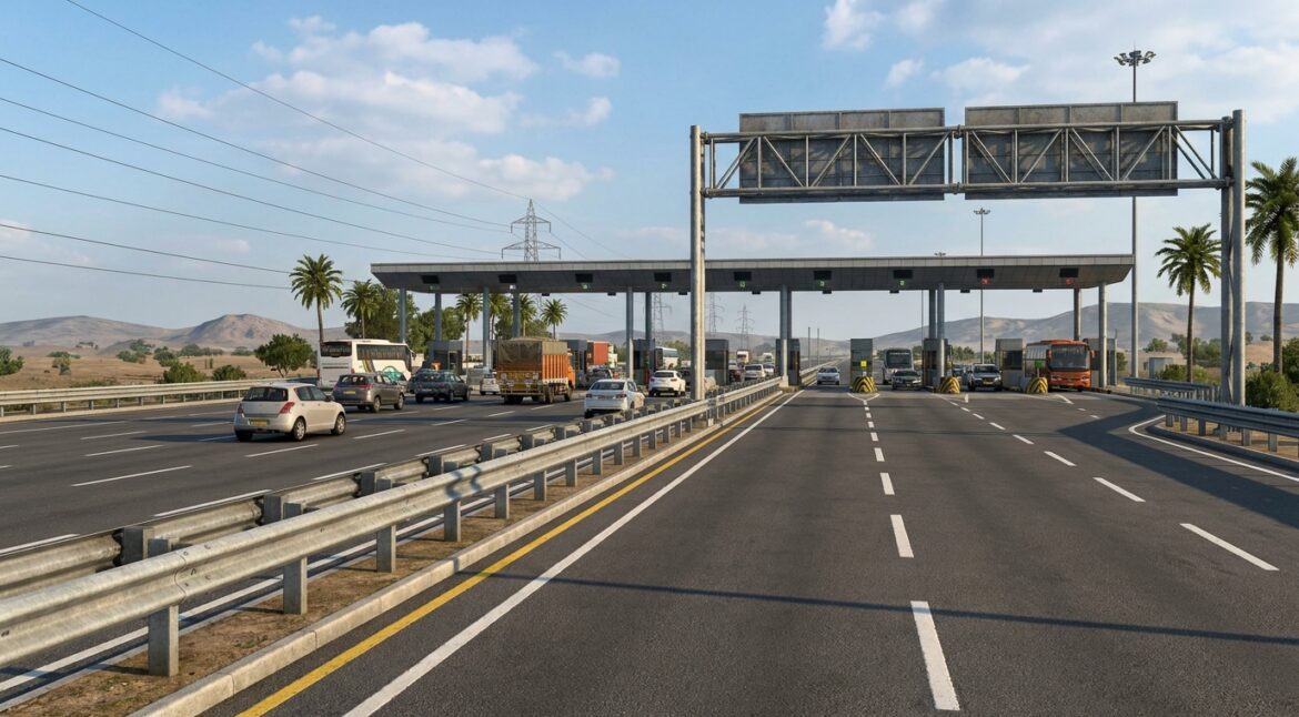 Highway toll plaza with trucks 202605271929