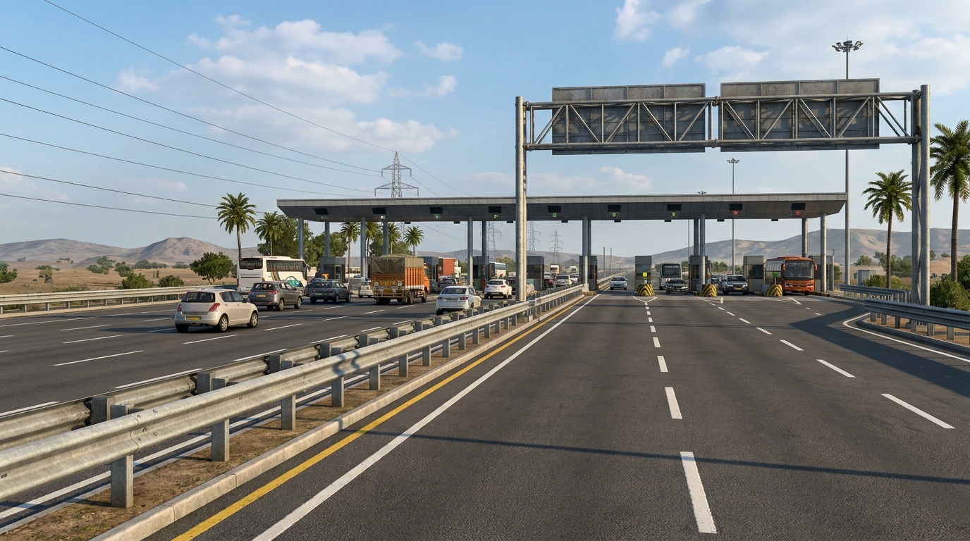 Highway toll plaza with trucks 202605271929