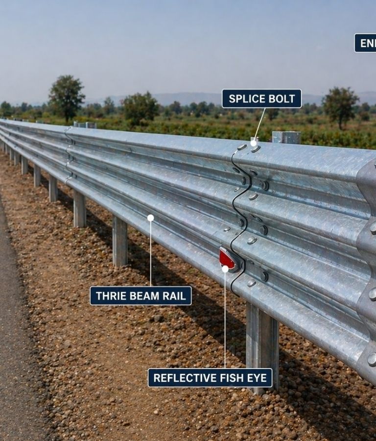 Thrie beam metal crash barrier