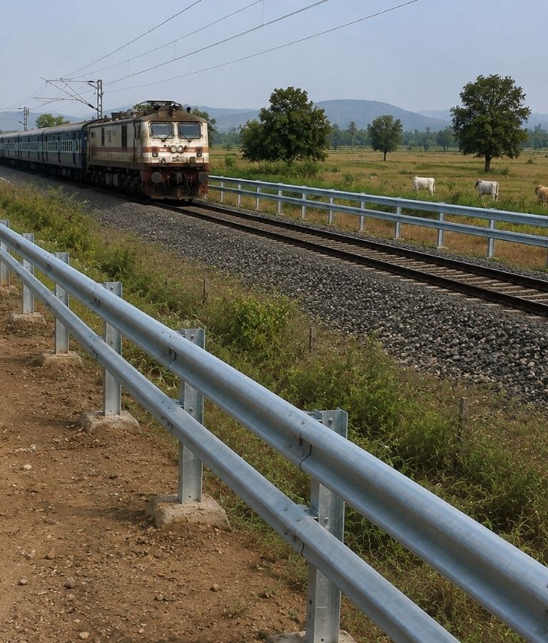 Railway beam metal crash barrier