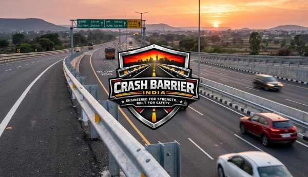 Single side single beam metal crash barrier on highway road safety installation