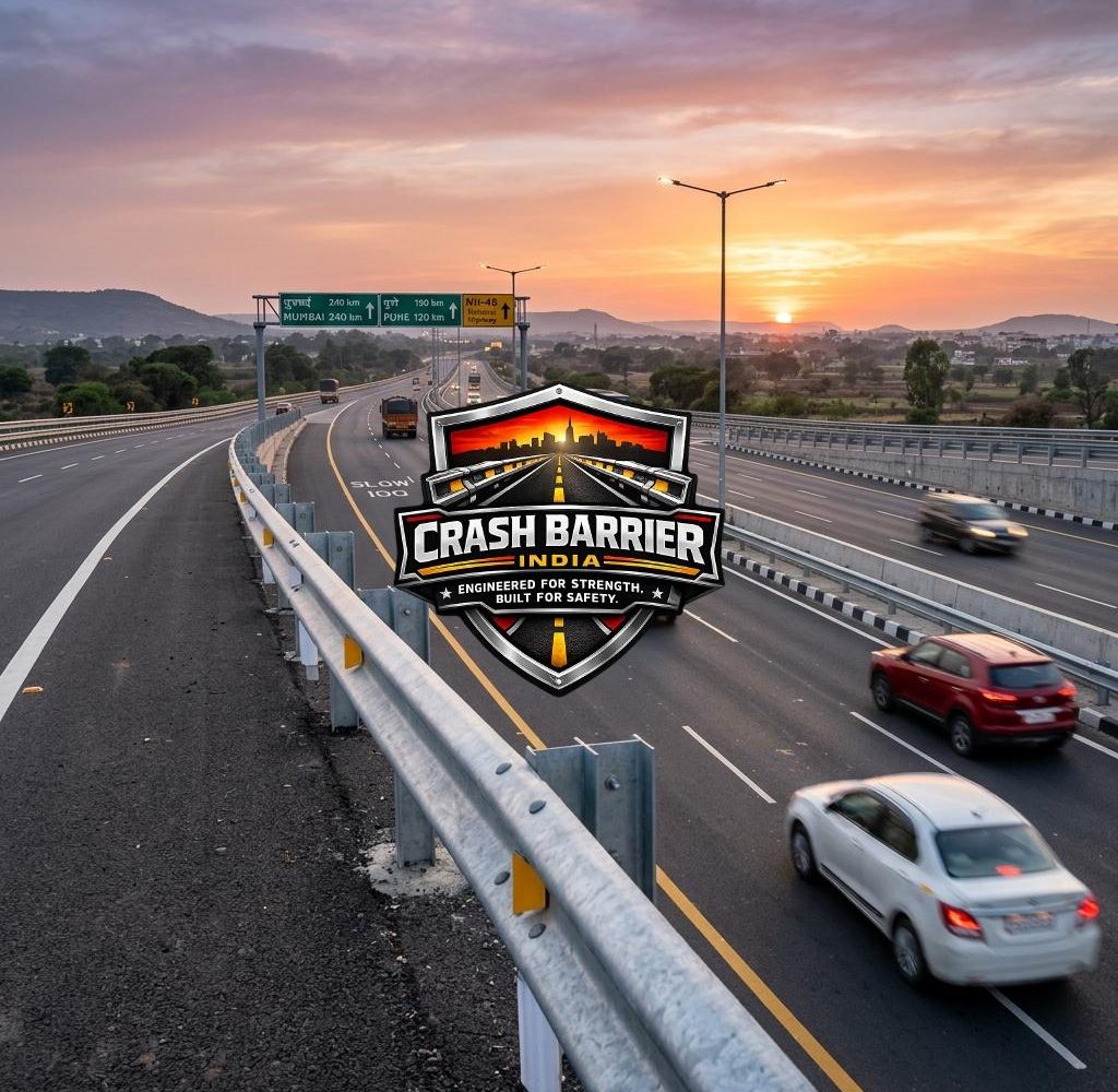 Single side single beam metal crash barrier on highway road safety installation