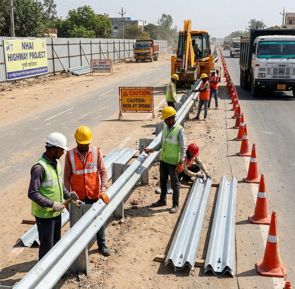 Thrie beam metal crash barrier manufacturer installing galvanized 3-wave highway crash barrier on expressway median