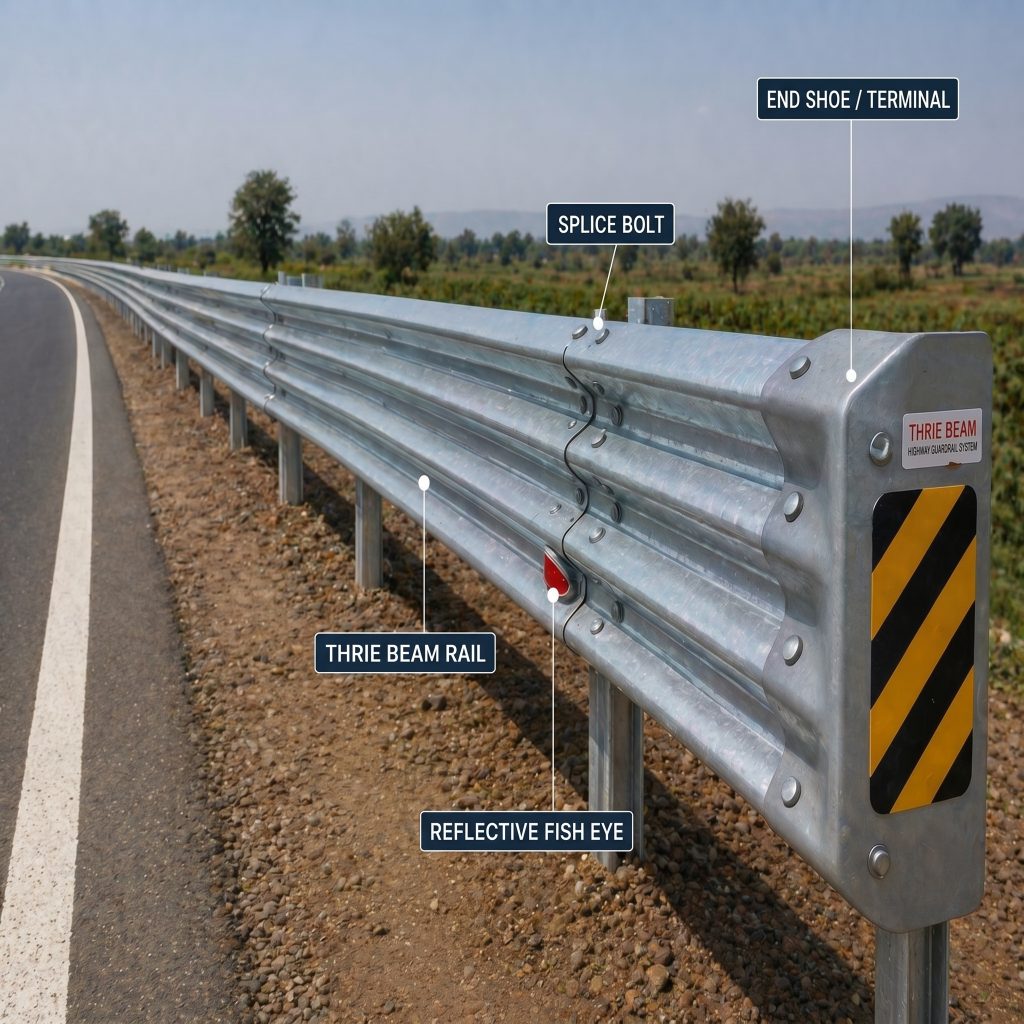 Thrie beam single side metal crash barrier
